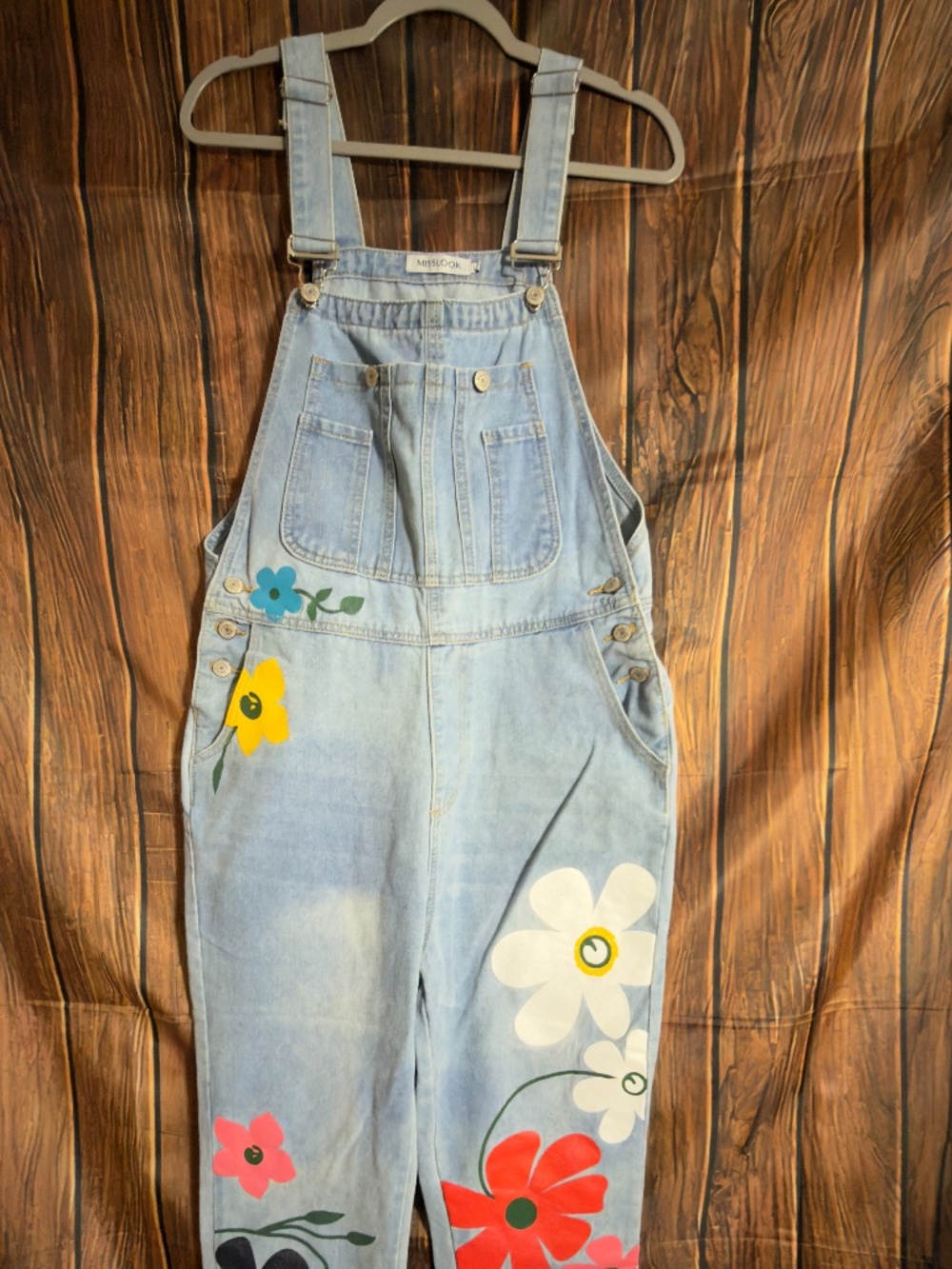 MISSLOOK Floral Denim Overalls Large Light Wash Straight Leg Y2K Cottagecore